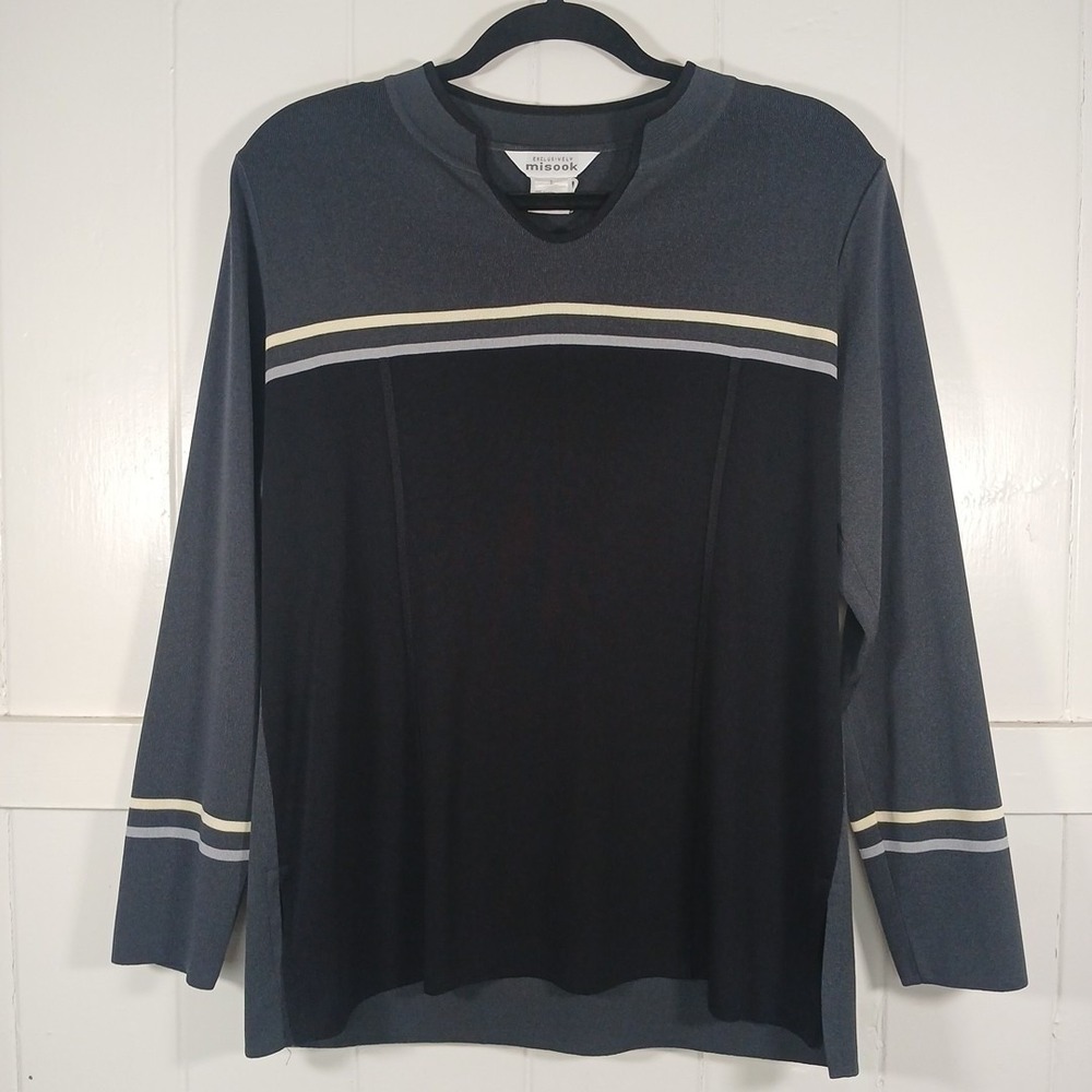 Exclusively Misook Striped Knit Top Women's Large Black Gray Shoulder Padded‎ LS